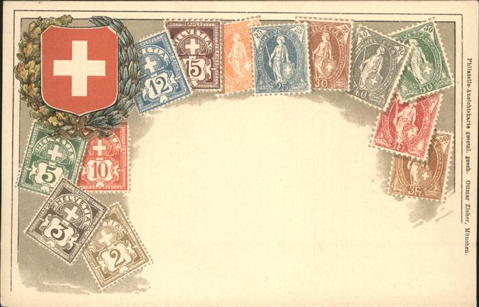Briefmarken auf Postkarte Schweiz Wappen