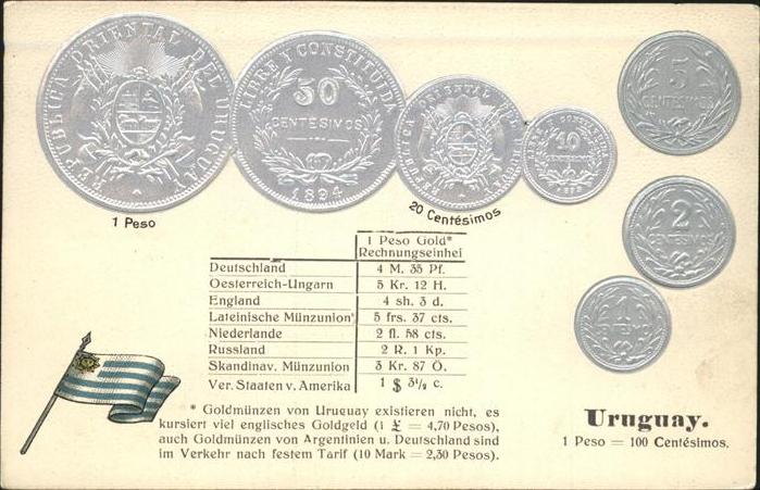 Muenze auf Ak Uruguay Fahne