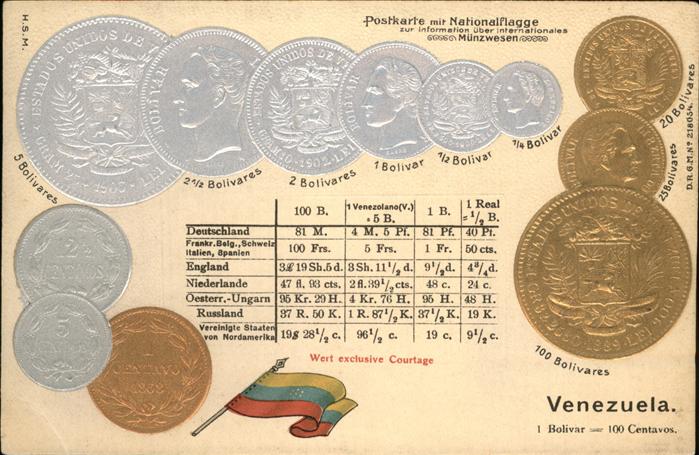 Muenze auf Ak Venezuela Fahne