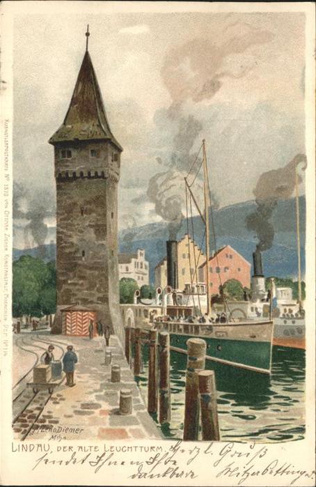 Diemer Zeno Litho Nr. 1870 Lindau Leuchtturm Dampfer