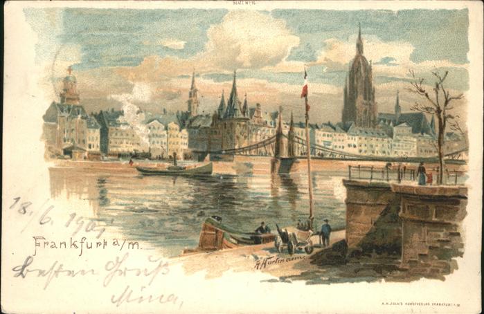 Frankfurt Main Brücke Dampfschiff Künstlerkarte