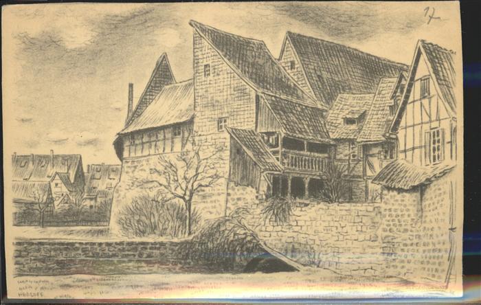 Quedlinburg Harz Altstadt Offsetdruck Kreidezeichnung K. Hedlof Gerberei