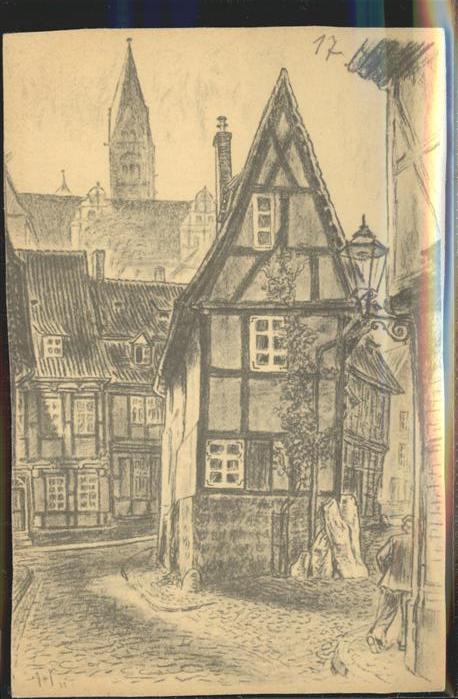 Quedlinburg Harz Kreidezeichnung Altstadt K. Hedloh Am Finkenherd