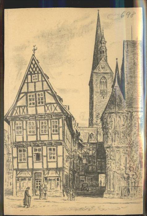 Quedlinburg Harz Altstadt Kreidezeichnung K. Hedloff Fachwerkhaeuser Hoken