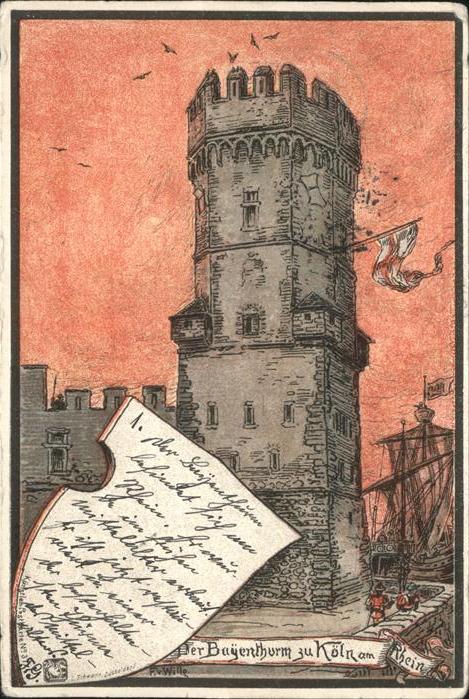 Koeln Rhein Bayentthurm Fahne Kuenstlerkarte