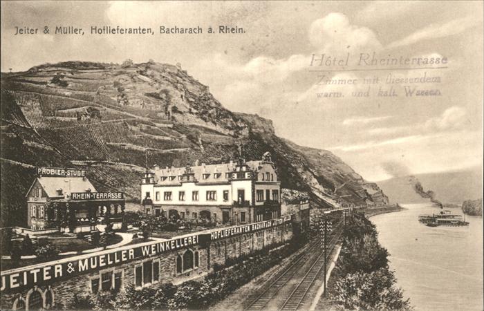 Bacharach Rhein Hotel Rheinterrasse Eisenbahn Dampfer