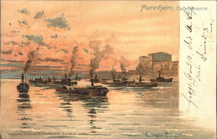 Mannheim Hafenansicht Dampfer Künstlerkarte
