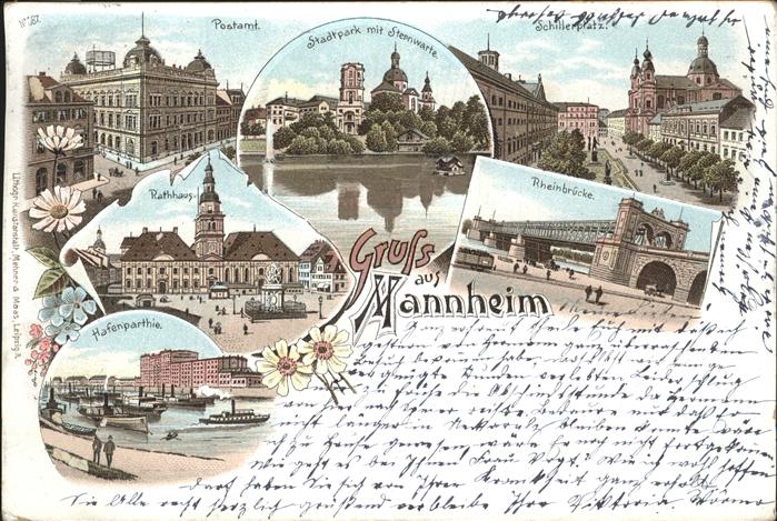 MANNHEIM BW Postamt Stadtpark Sternwarte Schillerplatz Rheinbruecke Rathaus Hafe
