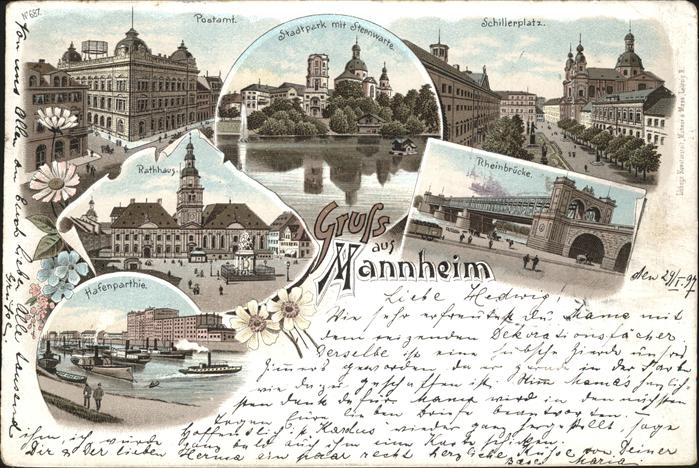 MANNHEIM BW Postamt Stadtpark Sternwarte Schillerplatz Rheinbruecke Rathaus Hafe