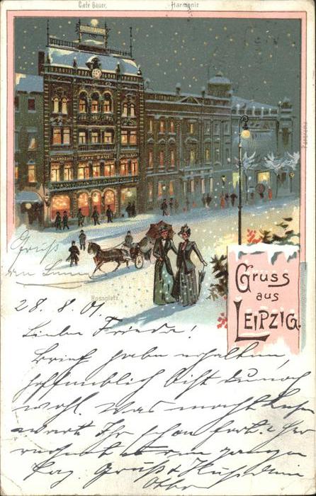 Leipzig Teilansicht Pferdekutsche im Mondschein