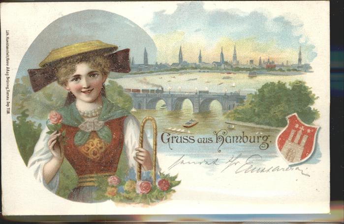 Hamburg Panorama Tracht Wappen Glimmerkarte