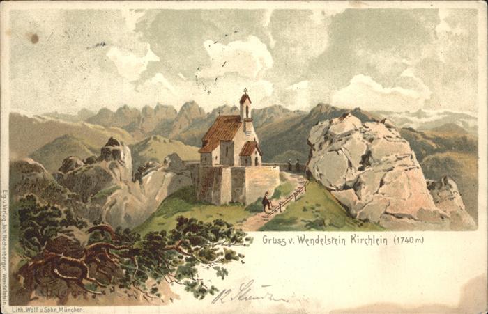 Wendelstein Kirchlein Zeichnung Künstlerkarte