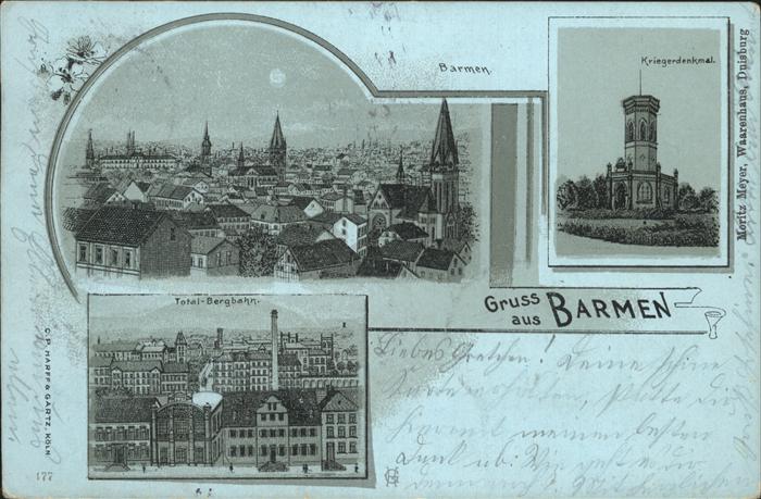 Barmen Wuppertal Ansicht im Mondschein Kriegerdenkmal Bergbahn