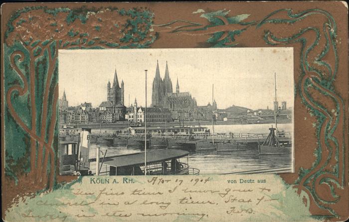 Koeln Rhein Hafen Rhein von Deutz aus Prägedruck