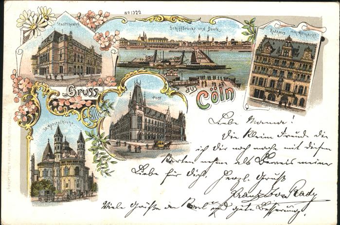 Koeln Rhein Schiffbrücke Deutz Rathaus Post Theater