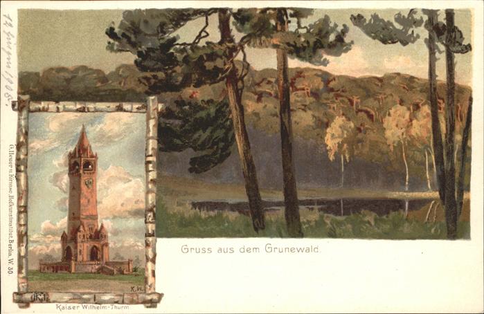 Grunewald Berlin Wald und Kaiser-Wilhelm-Turm Kuenstlerkarte