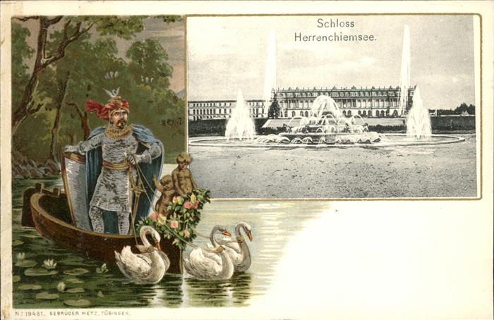 Chiemsee Bayern Schloss Herrenchiemsee Schwaene Ludwig 2. auf Boot Praegedruck