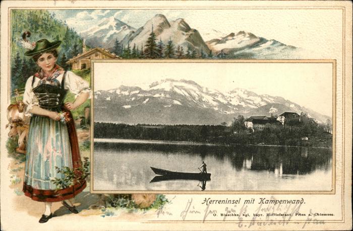 Herrenchiemsee Bayern Herreninsel mit Kampenwand Boot Frau in Tracht Praegedruck