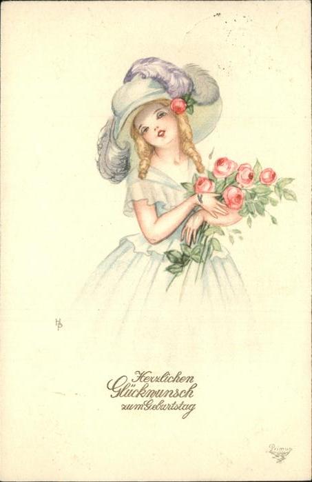 Verlag Primus Nr. 2068 Geburtstag Kind Rosen Hutmode