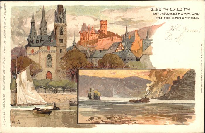 Wielandt Manuel Litho Der Rhein Nr. 2 Bingen Maeuseturm Ruine Ehrenfels