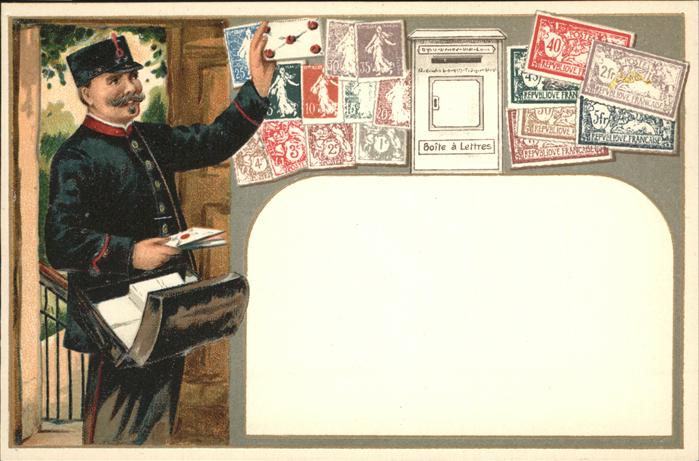 Briefmarken auf Postkarte Frankreich Briefkasten Brieftraeger