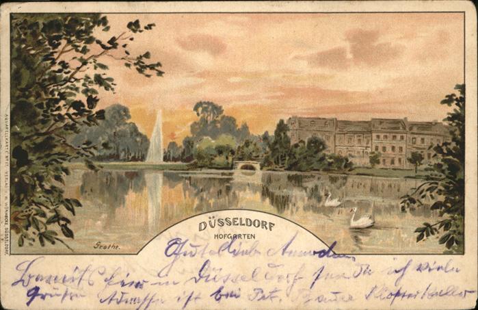 DuessELDORF  CITY Hofgarten Springbrunnen Teich Schwan Schloss Kuenstlerkarte