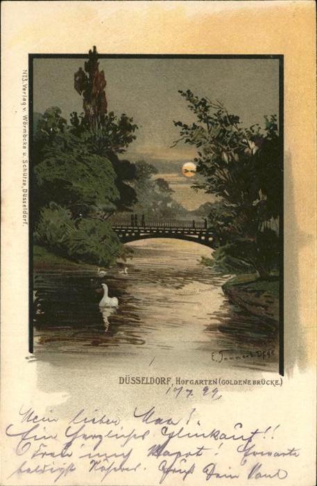 Duesseldorf Hofgarten Goldene Brücke Schwan im Mond