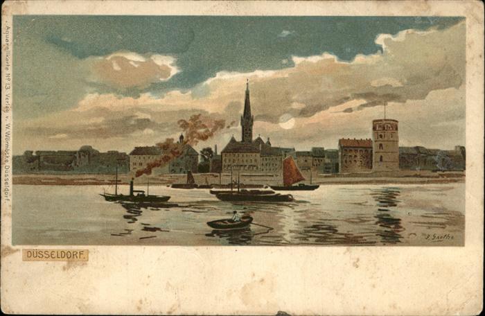 DuessELDORF  CITY Rhein Schiff Kirche Turm Kuenstlerkarte Grothe