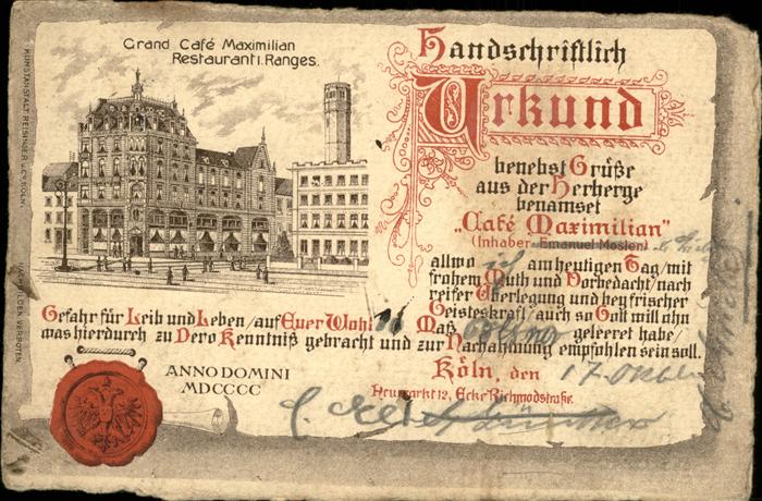 Koeln Rhein Grand Cafe Maximilian Restaurant Urkund