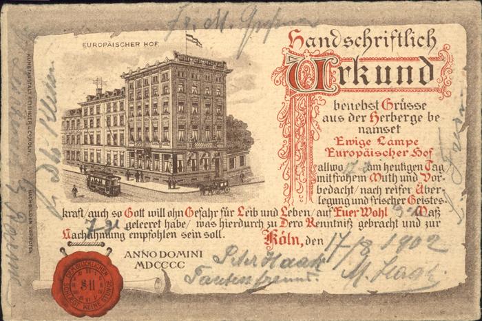 Coeln Rhein Europäischer Hof Hotel Urkunde Siegel