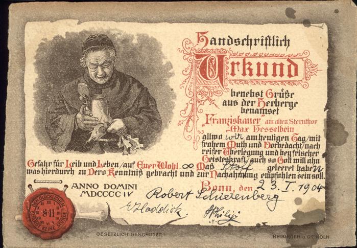 Bonn Rhein Gaststaette Franziskaner Urkunde Siegel