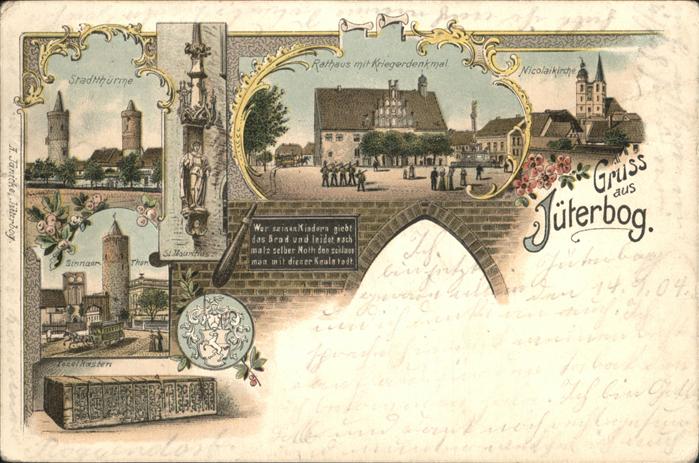 Jueterbog Rathaus mit Kriegerdenkmal u.Nicolaikir