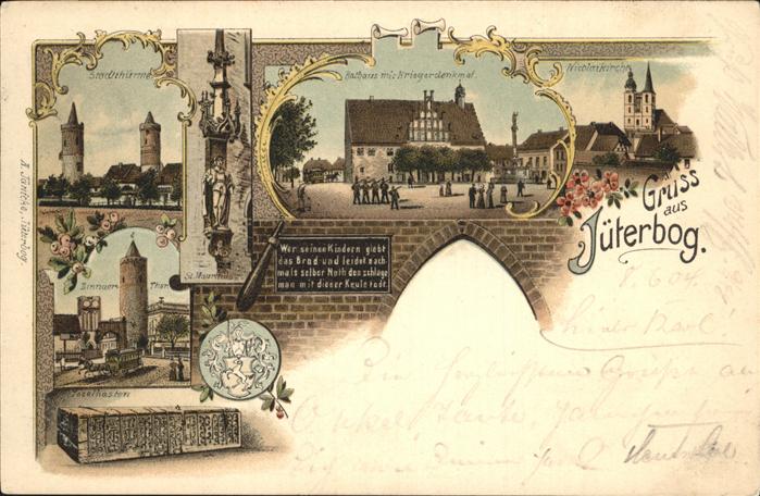 Jueterbog Rathaus mit Kriegerdenkmal u.Stadttürme