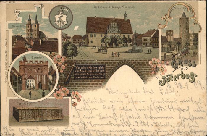 Jueterbog Rathaus mit Kriegerdenkmal u.Dammthor