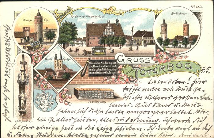 Jueterbog Rathaus mit Kriegerdenkmal u.Stadttürme