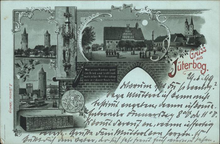 Jueterbog Rathaus mit Kriegerdenkmal u.Stadttürme