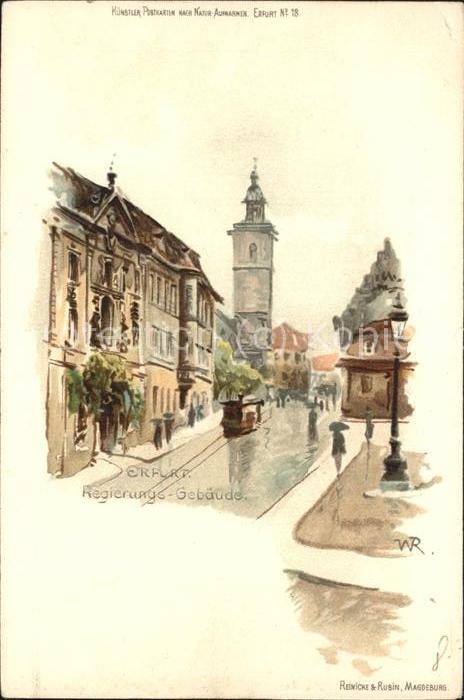 ERFURT  CITY Kuenstlerkarte Strassenbahn Regierungs-Gebaeude