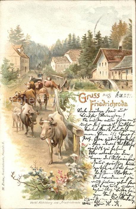 Friedrichroda Dorfstrasse mit Kuhherde