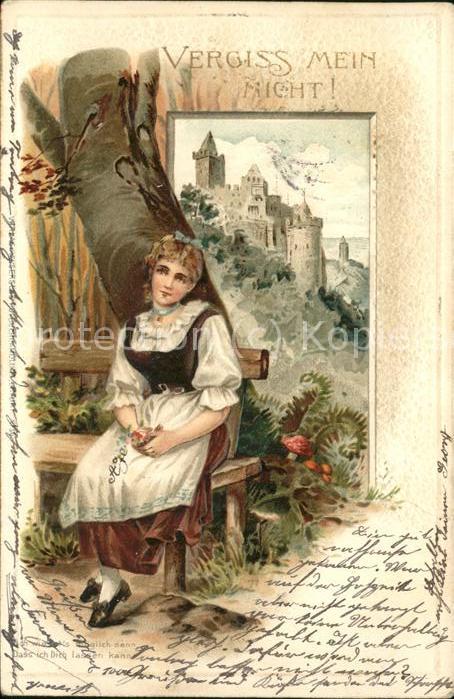 Wartburg Eisenach Burg und Frau in Tracht Prägedruck