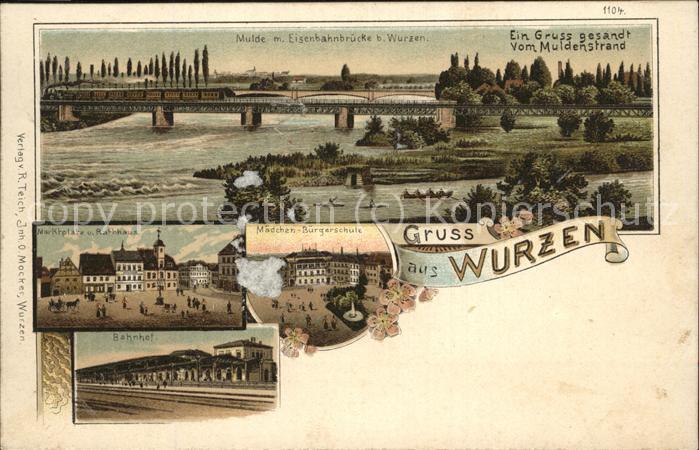 Wurzen Sachsen Mulde mit Eisenbahnbrücke Rathaus Markt