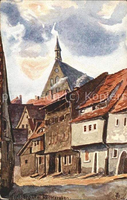 Freiberg Kornblumentag Kuenstlerkarte Gasse mit Kirchturm