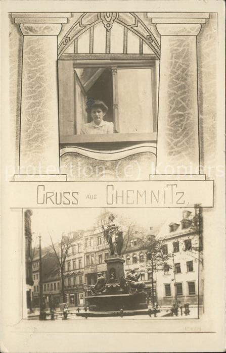 Chemnitz Brunnen Denkmal Frau am Fenster