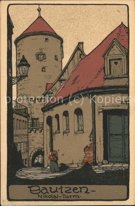 Bautzen Sachsen Nikolaiturm Kuenstlerkarte Steinzeichnung