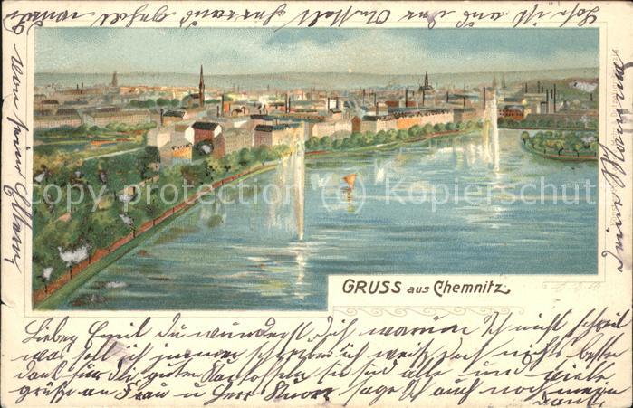 Chemnitz Panorama am fluss Künstlerkarte