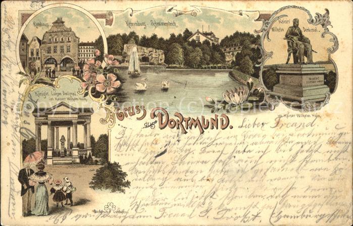 Dortmund Rathaus u.Kronenburg mit Schwanenteich