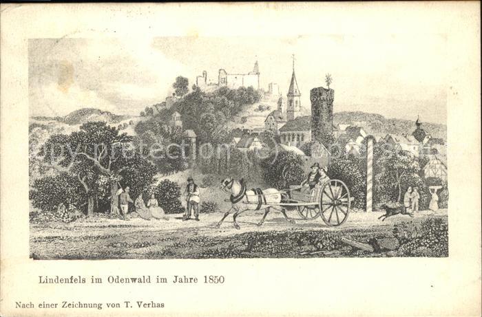 Lindenfels Odenwald Ortsansicht Burg Pferdewagen Zeichnung