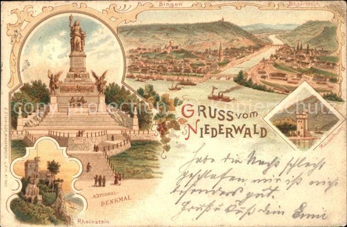 Ruedesheim Rhein mit Nationaldenkmal Rheinstein und Maeusethurm