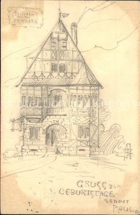 Darmstadt Skizze Fachwerkhaus Grusskarte
