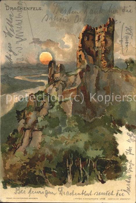 Drachenfels Burg Künstlerkarte Sonnenuntergang