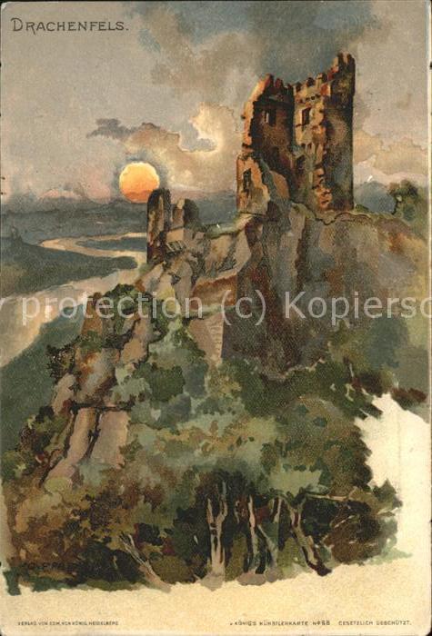 Drachenfels Burg Künstlerkarte Sonnenuntergang